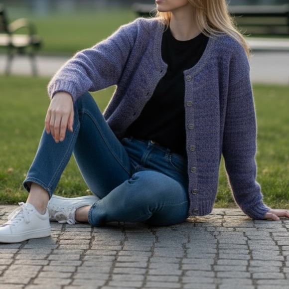 Vintage Sweaters - Vintage Made in Canada Freda Condon Purple Wool Handmade Knit Cardigan Large